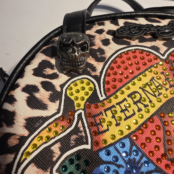 Ed Hardy Tattoo Cheetah Print Handbag Eternal Love Bag Vegan Material Skulls NWT - Picture 9 of 14